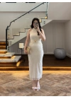 EKRU SİMLİ GOLD AKSESURALI ELBİSE-4023