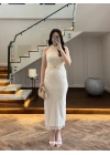 EKRU SİMLİ GOLD AKSESURALI ELBİSE-4023