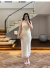 EKRU SİMLİ GOLD AKSESURALI ELBİSE-4023
