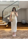 EKRU SİMLİ GOLD AKSESURALI ELBİSE-4023