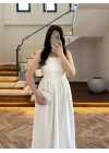 EKRU TAŞLI KUŞAKLI ELBİSE -3970