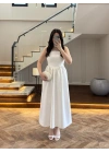 EKRU TAŞLI KUŞAKLI ELBİSE -3970
