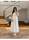 EKRU TAŞLI KUŞAKLI ELBİSE -3970