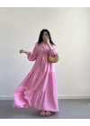 ELETA PEMBE MÜSLİN UZUN ELBİSE