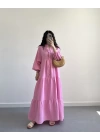 ELETA PEMBE MÜSLİN UZUN ELBİSE