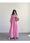 ELETA PEMBE MÜSLİN UZUN ELBİSE