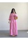 ELETA PEMBE MÜSLİN UZUN ELBİSE