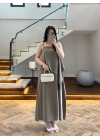 HAKİ ASİMETRİK VOLAN DETAY ELBİSE-2403