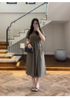 HAKİ BEL BÜZGÜLÜ CEPLİ ELBİSE-30731