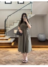 HAKİ BEL BÜZGÜLÜ CEPLİ ELBİSE-30731