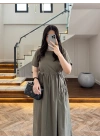 HAKİ BEL BÜZGÜLÜ CEPLİ ELBİSE-30731