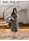 HAKİ BEL BÜZGÜLÜ CEPLİ ELBİSE-30731