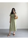 HAKİ BELİ KUŞAKLI V YAKA ELBİSE