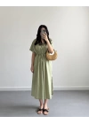 HAKİ BELİ KUŞAKLI V YAKA ELBİSE
