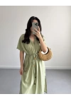 HAKİ BELİ KUŞAKLI V YAKA ELBİSE