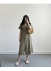HAKİ DÜĞMELİ V YAKA ELBİSE