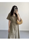 HAKİ DÜĞMELİ V YAKA ELBİSE