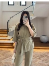 HAKİ KETEN KUŞAKLI GÖMLEK TAKIM-267366