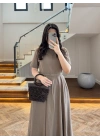 HAKİ KISA KOL KETEN ELBİSE -2402