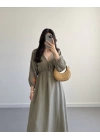 HAKİ KOLLARI NAKIŞLI MÜSLİN ELBİSE