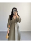 HAKİ KOLLARI NAKIŞLI MÜSLİN ELBİSE