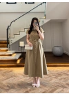 HAKİ ÖNÜ DÜĞMELİ KEMERLİ ELBİSE -3976