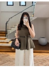 HAKİ PARÇALI KETEN BLUZ -5544