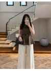 HAKİ PARÇALI KETEN BLUZ -5544