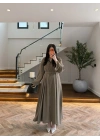 HAKİ PİLE DETAYLI KEMERLİ ELBİSE -2416