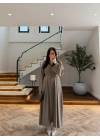 HAKİ PİLE DETAYLI KEMERLİ ELBİSE -2416