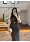 HAKİ SİMLİ GOLD AKSESURALI ELBİSE-4023