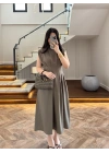 HAKİ TENSEL KUŞAKLI PENSLİ ELBİSE-260987