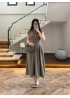 HAKİ TENSEL KUŞAKLI PENSLİ ELBİSE-260987