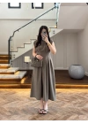 HAKİ TENSEL KUŞAKLI PENSLİ ELBİSE-260987