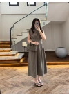 HAKİ TENSEL KUŞAKLI PENSLİ ELBİSE-260987