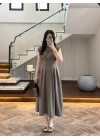 HAKİ TENSEL KUŞAKLI PENSLİ ELBİSE-260987