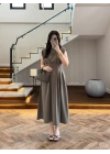 HAKİ TENSEL KUŞAKLI PENSLİ ELBİSE-260987