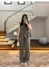 HAKİ TENSEL NEVÜRLÜ BLUZ PANTOLON TAKIM-250483