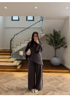 KAHVE ASİMETRİK BAĞCIKLI BLUZ TAKIM -9203
