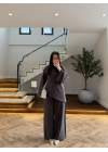 KAHVE ASİMETRİK BAĞCIKLI BLUZ TAKIM -9203