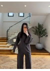 KAHVE ASİMETRİK BAĞCIKLI BLUZ TAKIM -9203