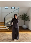KAHVE ASİMETRİK BAĞCIKLI BLUZ TAKIM -9203
