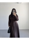 KAHVE BELİ KUŞAKLI MAKSİ ELBİSE