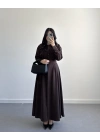 KAHVE BELİ KUŞAKLI MAKSİ ELBİSE