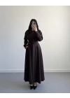 KAHVE BELİ KUŞAKLI MAKSİ ELBİSE