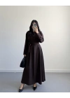 KAHVE BELİ KUŞAKLI MAKSİ ELBİSE