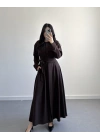 KAHVE BELİ KUŞAKLI MAKSİ ELBİSE