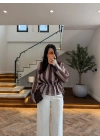 KAHVE ÇİZGİLİ BELDEN BÜZGÜLÜ BLUZ-EU5234