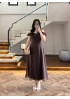 KAHVE DANTEL YAKA ASKILI ELBİSE-8543