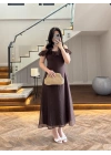 KAHVE DANTEL YAKA ASKILI ELBİSE-8543